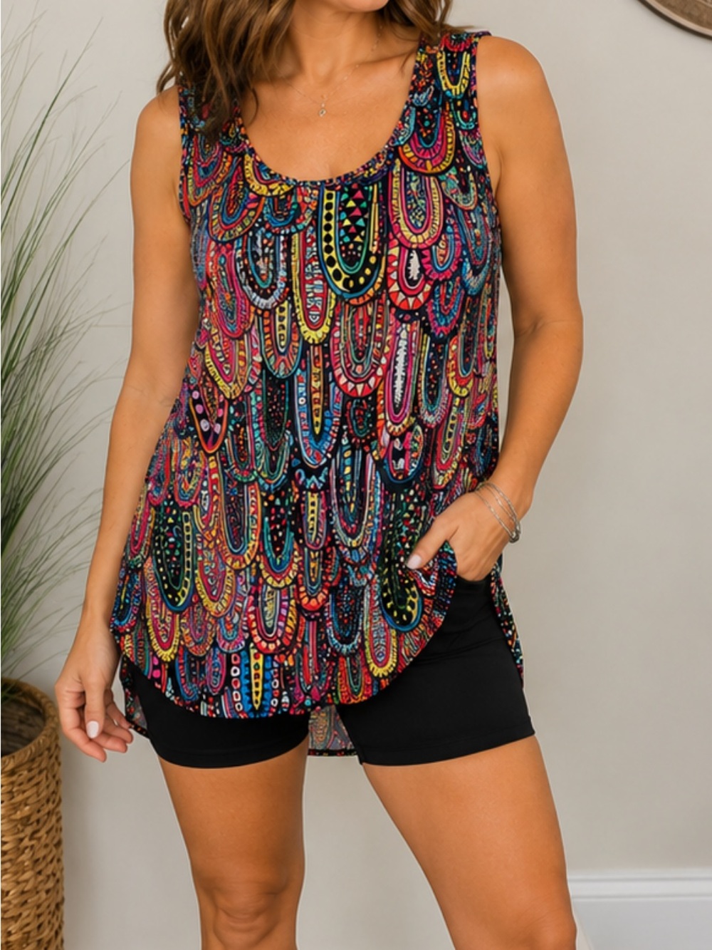 Abstract Boho Tunic Top Large Neon Paisley High Low Stretch Blouse